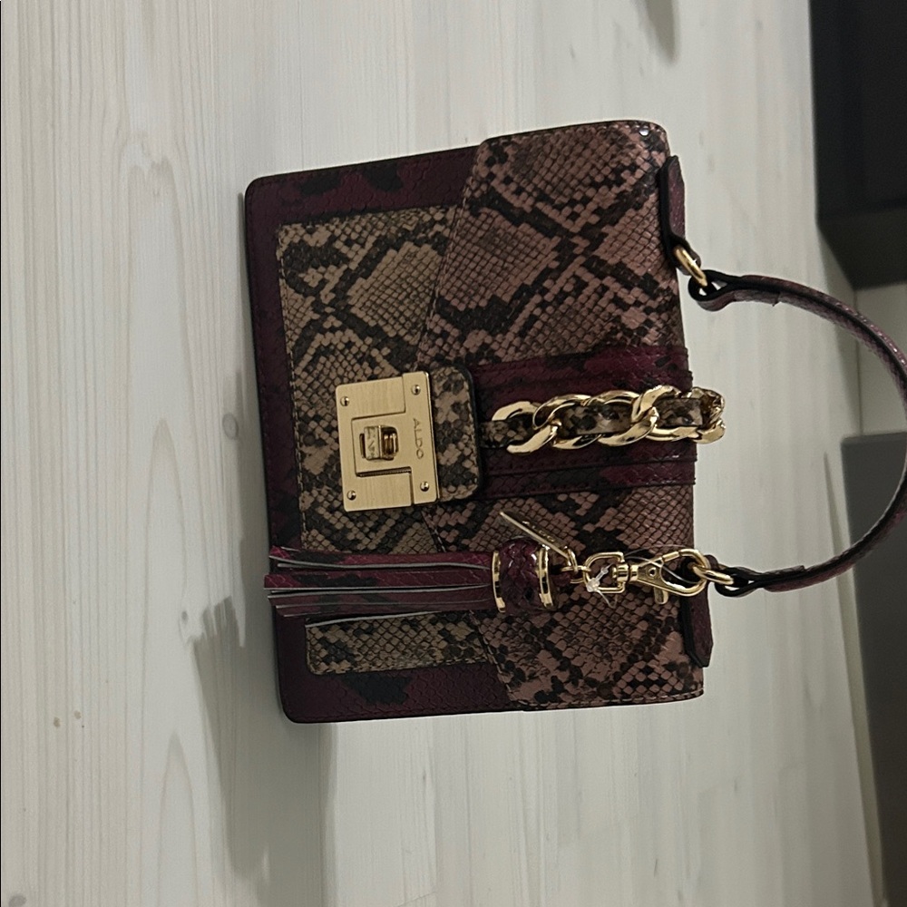 Aldo Burgundy and Brown Snake Print Satchel